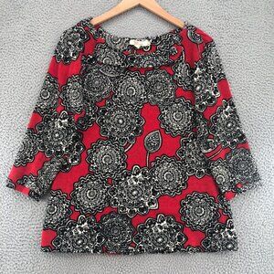 Aryeh Sweater Womens Extra Large Red Floral 3/4 Sleeves Tunic Button Pullover